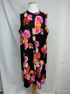 2075 -Calvin Klein Black Sleeveless Midi Dress with Pink and Orange Floral Print